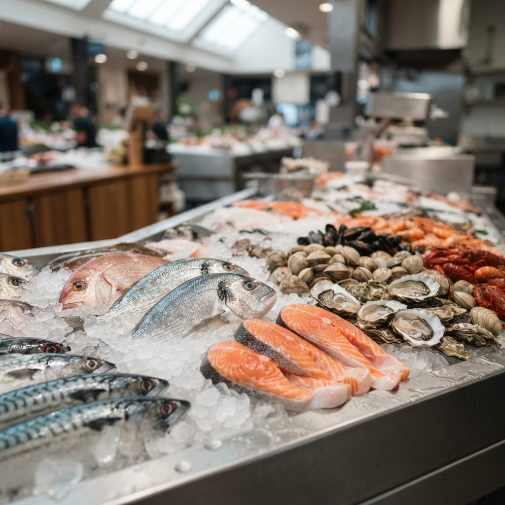 Fresh salmon fillets and whole fish displayed on ice at the seafood counter