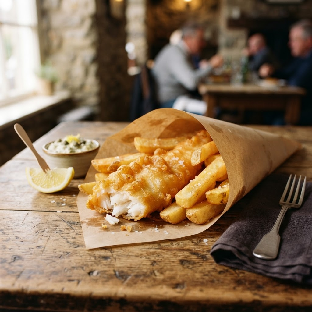 Golden battered fish and chips ready for takeaway