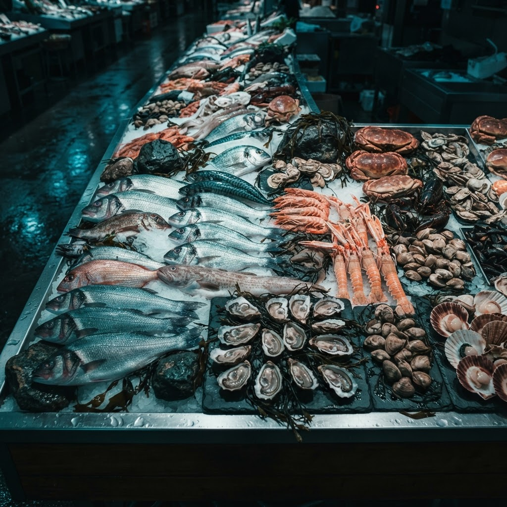 Fresh whole fish, oysters, and shellfish arranged on ice at a seafood display
